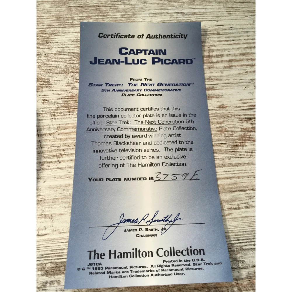 Vintage 1993 Star Trek Captain Picard Hamilton Plate COA Box